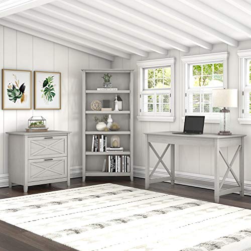 Bush Furniture Key West 48W Writing Desk with 2 Drawer Lateral File Cabinet and 5 Shelf Bookcase in Pure White and Shiplap Gray