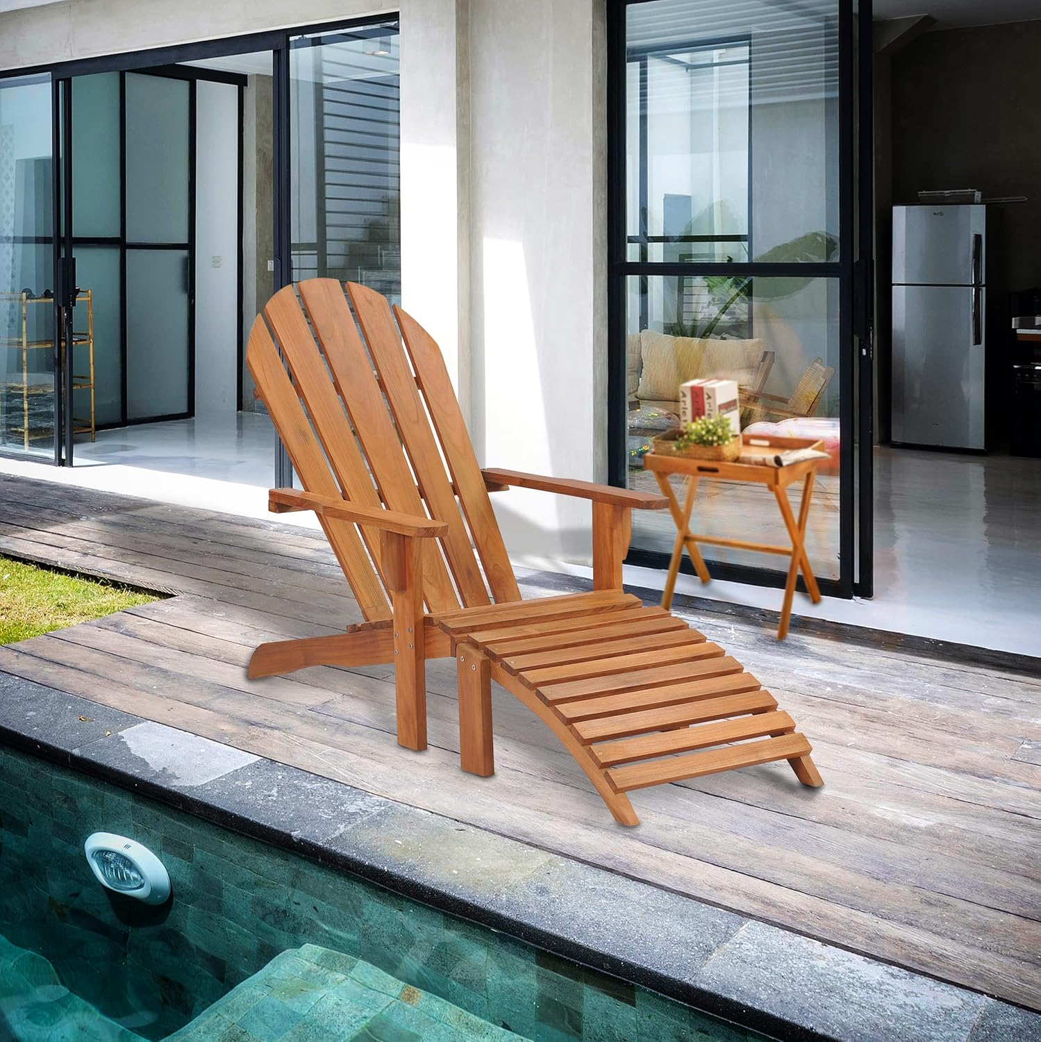 Teak Adirondack Outdoor Patio Chair with Footstool, Made from Solid A-Grade Teak Wood