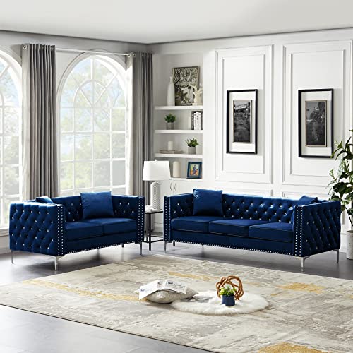 Modern Velvet Sofa Set, 5 Seater Couch Sofa with 2-seat Loveseat and 3-seat Sofa, Convertible Sectional Sofa with Jeweled buttons and 4 Pillows, for Living Room,Office,Apartment,Studio,Black