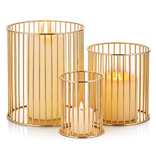 Sziqiqi Pillar Candle Holder Set of 3 Decorative Cage Candleholder Set for Candle Centerpiece Flower Arrangement Kitchen Bathroom Wedding Room Entryway Foyer Decor Gold
