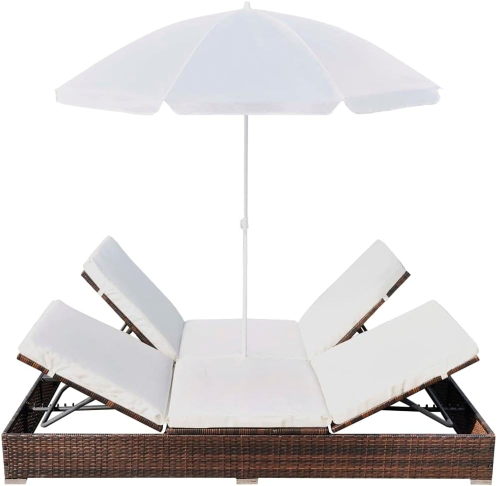 Double Sun Lounger with Cushion and Umbrella | 2-Person Patio Chaise Lounges | Adjustable Outdoor Sunbed | Garden Sunlounger Daybed | Sun Lounge Bed for Pool Beach Bakcyard | Brown Poly Rattan