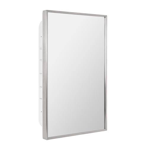 Head West Brushed Chrome Recessed Medicine Cabinet Mirror, Bathroom Wall Mount Storage Organizer with Glass Shelves - 16