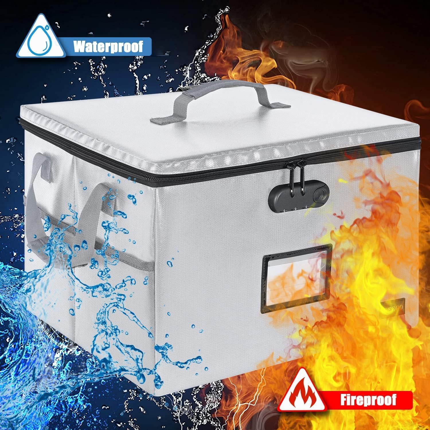 DEEGO Fireproof Document Box, Water-Resistant File Organizer Box with Lock, Portable File Box with Handle Document Organizer File Cabinets for Home Office for Legal Folder/collect books, Grey