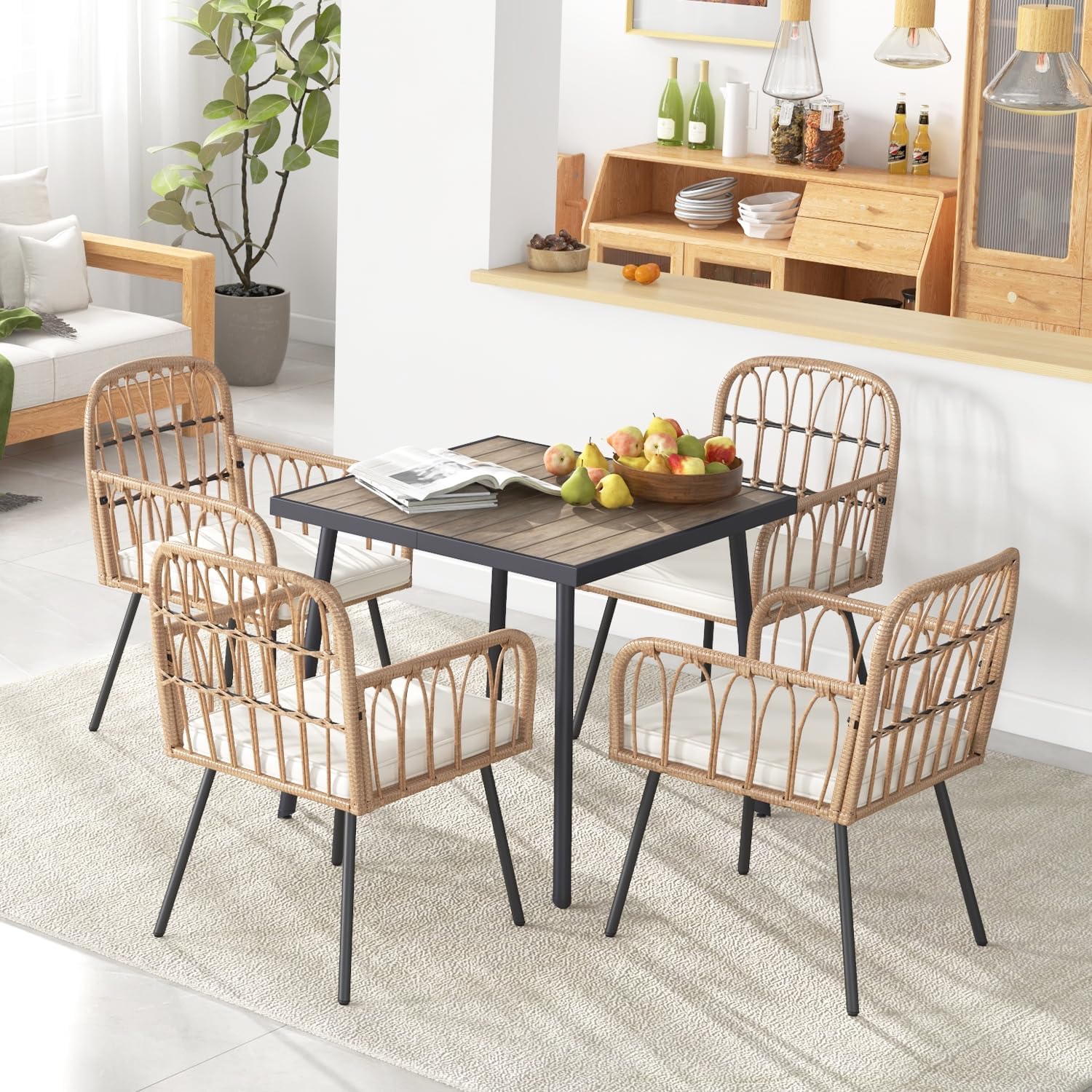 5 Piece Outdoor Dining Set，Rattan Patio Table and Chairs Set Plastic-Wood Tabletop Outdoor Dining Table, 4 Wicker Chairs &Cushions for Patio, Poolside, Balcony