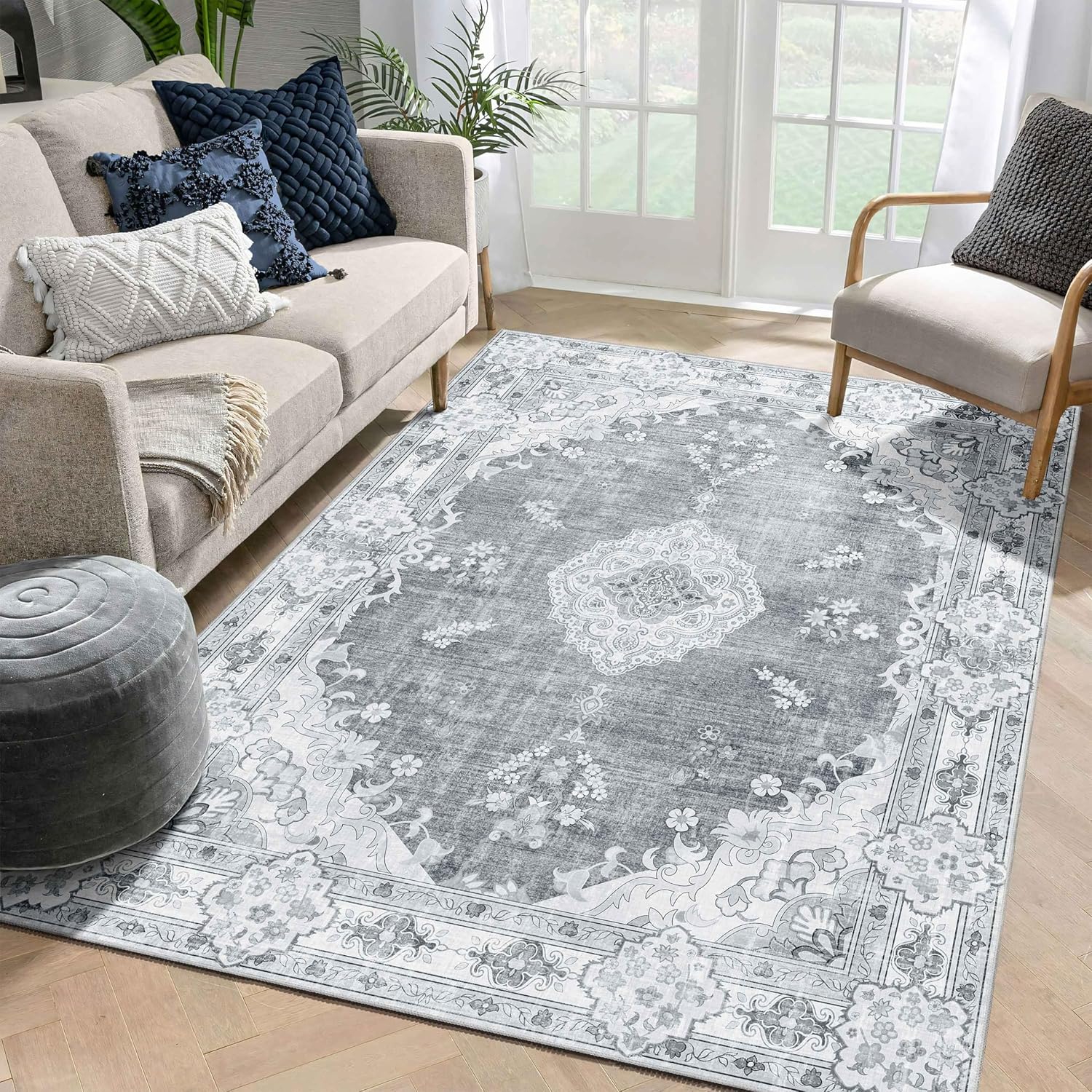 MUJOO Area Rugs 5'x7'Grey,Boho Rug for Bedroom Living Room Dining Room, Large Machine Washable Non Slip Carpet Vintage Bohemian Distressed Farmhouse,Floral