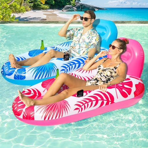 FindUWill Pool Floats Chairs Adult - 2 Pack 65'' x 42'' Large Pool Float Chairs, Inflatable Pool Lounger with Cup Phone Holder, Backrest, Footrest, Tanning Pool Lounge
