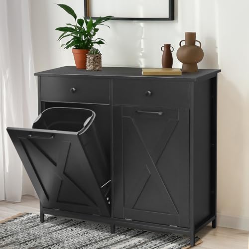 Double Tilt Out Trash Cabinet 20 Gal, Kitchen Wooden Recycling Cabinet, Hidden Trash Can Holder w/Drawers & Tabletop, Dog-proof Trash Bin Cabinet, Trash Bins NOT INCLUDED(White)