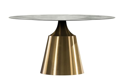 LeisureMod Round Dining Table with Glass Tabletop and Gold Stainless Steel Base for Home and Kitchen Prynn Collection, 60