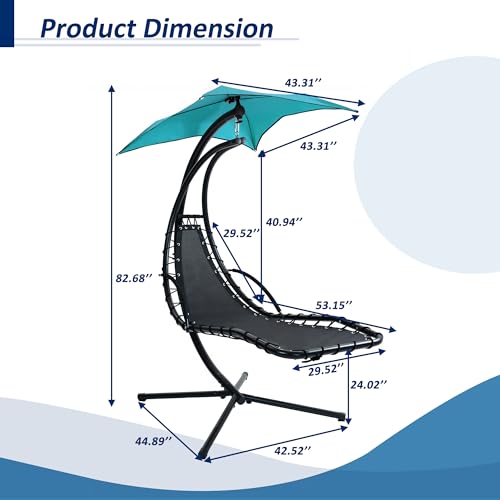 Hanging Chaise Lounge Chair, Curved Floating Rocking Swing with Stand and Canopy Shade, Hammock Recliner Patio Chair with Cushion for Garden Backyard Poolside, Blue
