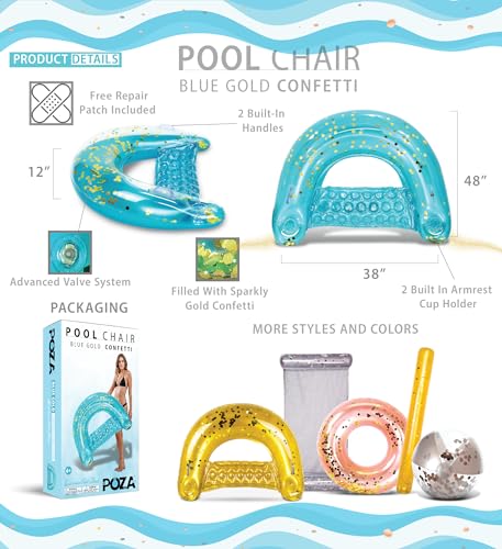 POZA Inflatable Pool Float Chair - Luxurious Lounger Filled with Sparkle Confetti, 2 Built in Cup Holders & Handles, Water Floating Chair for Beach, Lake & Swimming Pool - 48 x 38 Inch