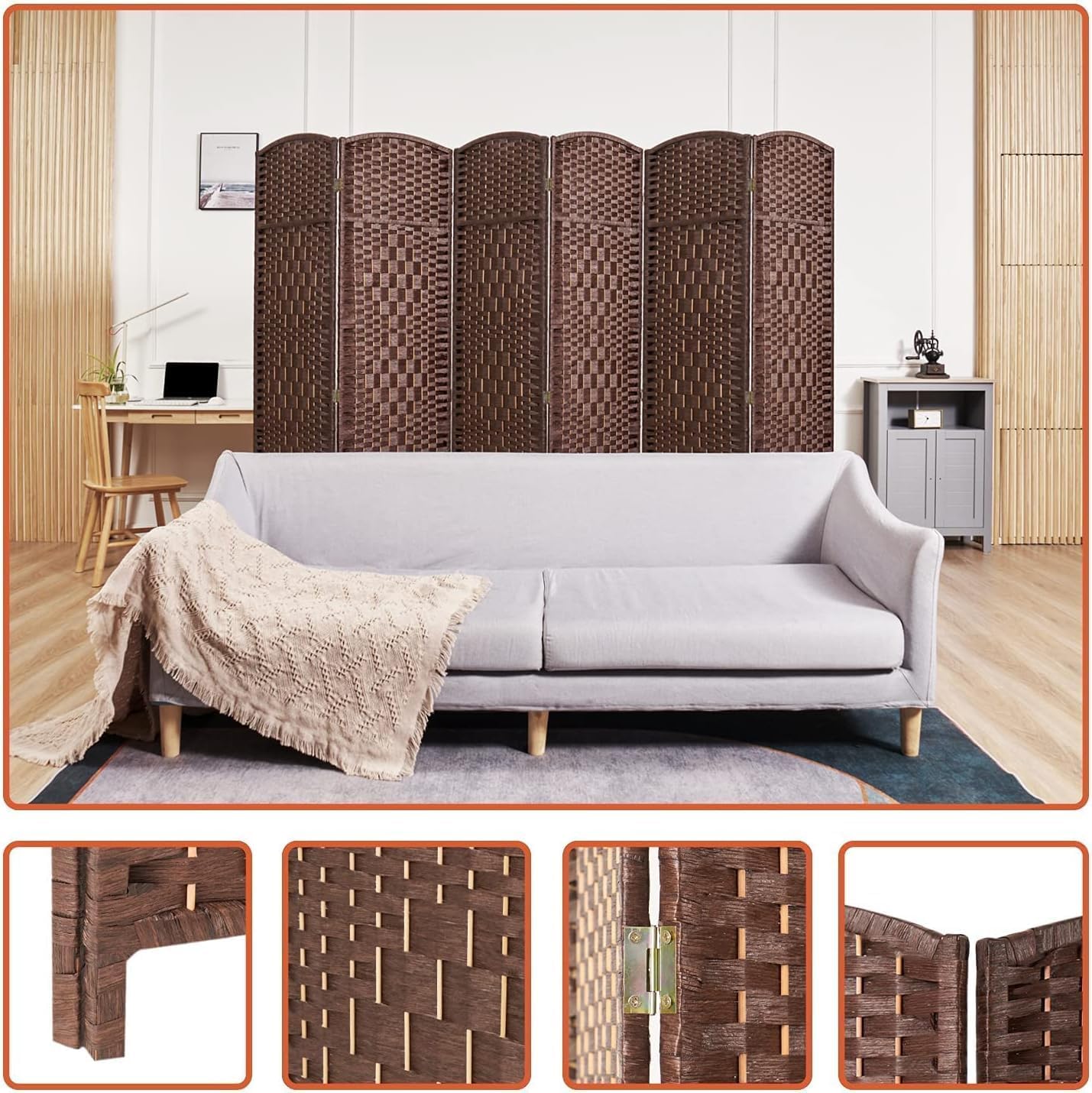 Room dividers 6 ft Folding Privacy Screen, Tall Extra Wide Partition Foldable Panel Wall Divider(Brown, 6 Panel)