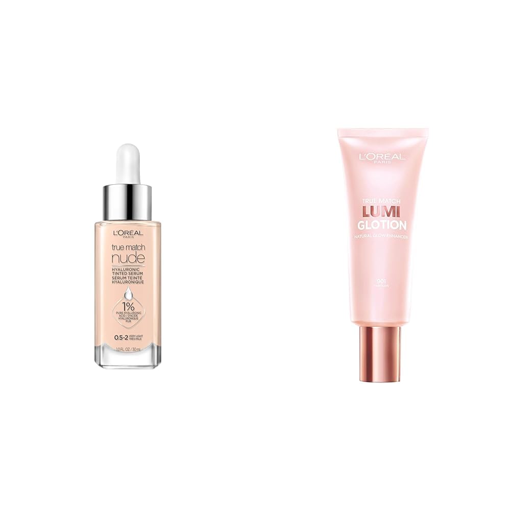 L'Oreal Paris True Match Nude Hyaluronic Tinted Serum Foundation with 1% Hyaluronic acid & L’Oréal Paris Makeup True Match Lumi Glotion Natural Glow Enhancer Lotion, Fair, 1.35 Ounces