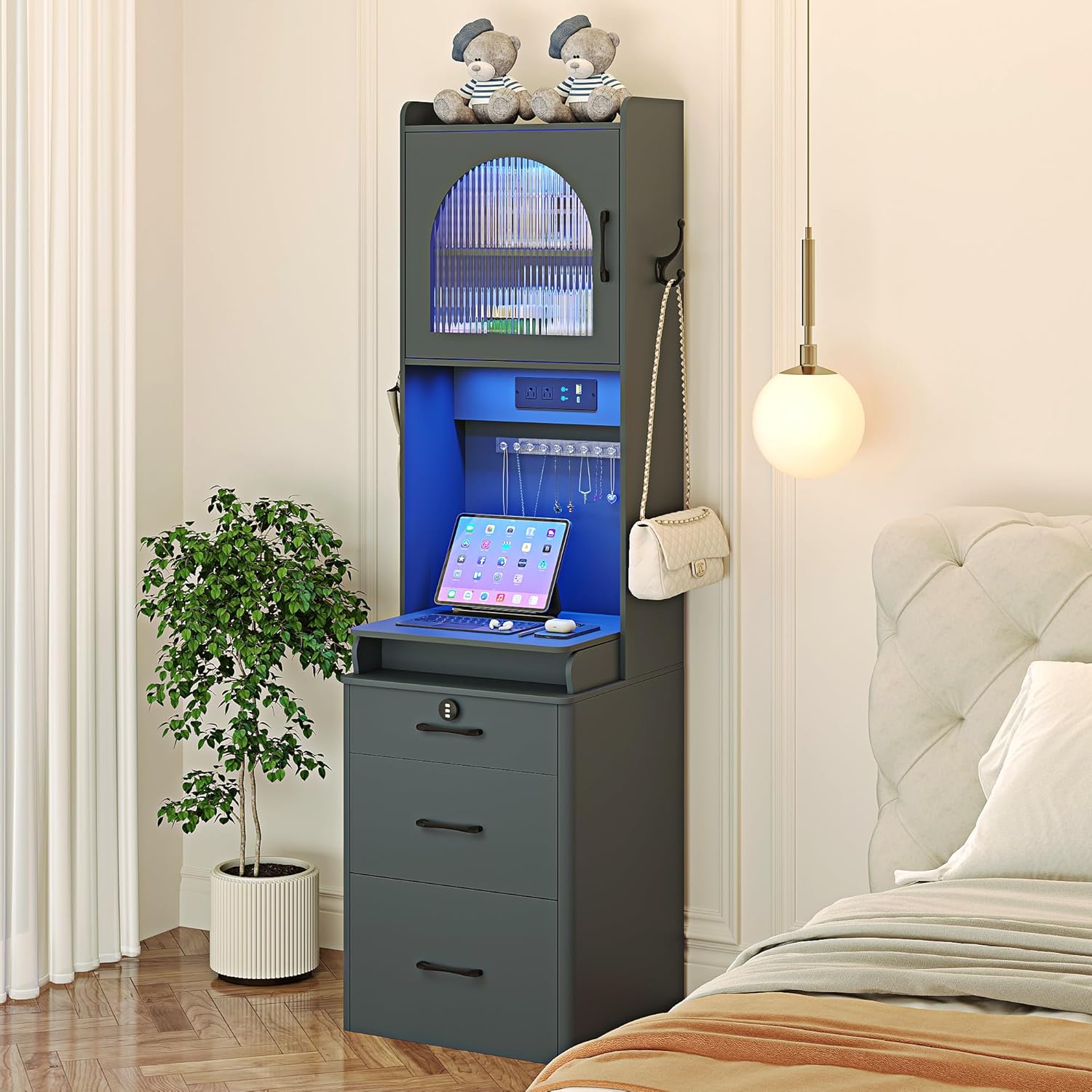 Small Vanity Desk with Mirror and Lights: Makeup Vanity Table with Combination Lock Drawers for Bedroom, Vanity Desk Set Dressing Table with Charging Station and Human Sensor(Grey)