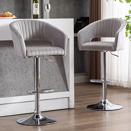 Guyou Modern Velvet Adjustable Bar Stools Chrome Base Set of 6, Upholstered 26 Inch Counter Height Bar Stools with Back and Armrest Swivel Kitchen Island Stools (Cream)
