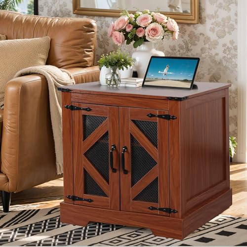 24'' Wood Mid Century Modern Night Stand with Charging Station, Drawers and Adjustable Divider for Living Room Bedroom, Rustic Farmhouse Couch Bed Side Table Square End Table