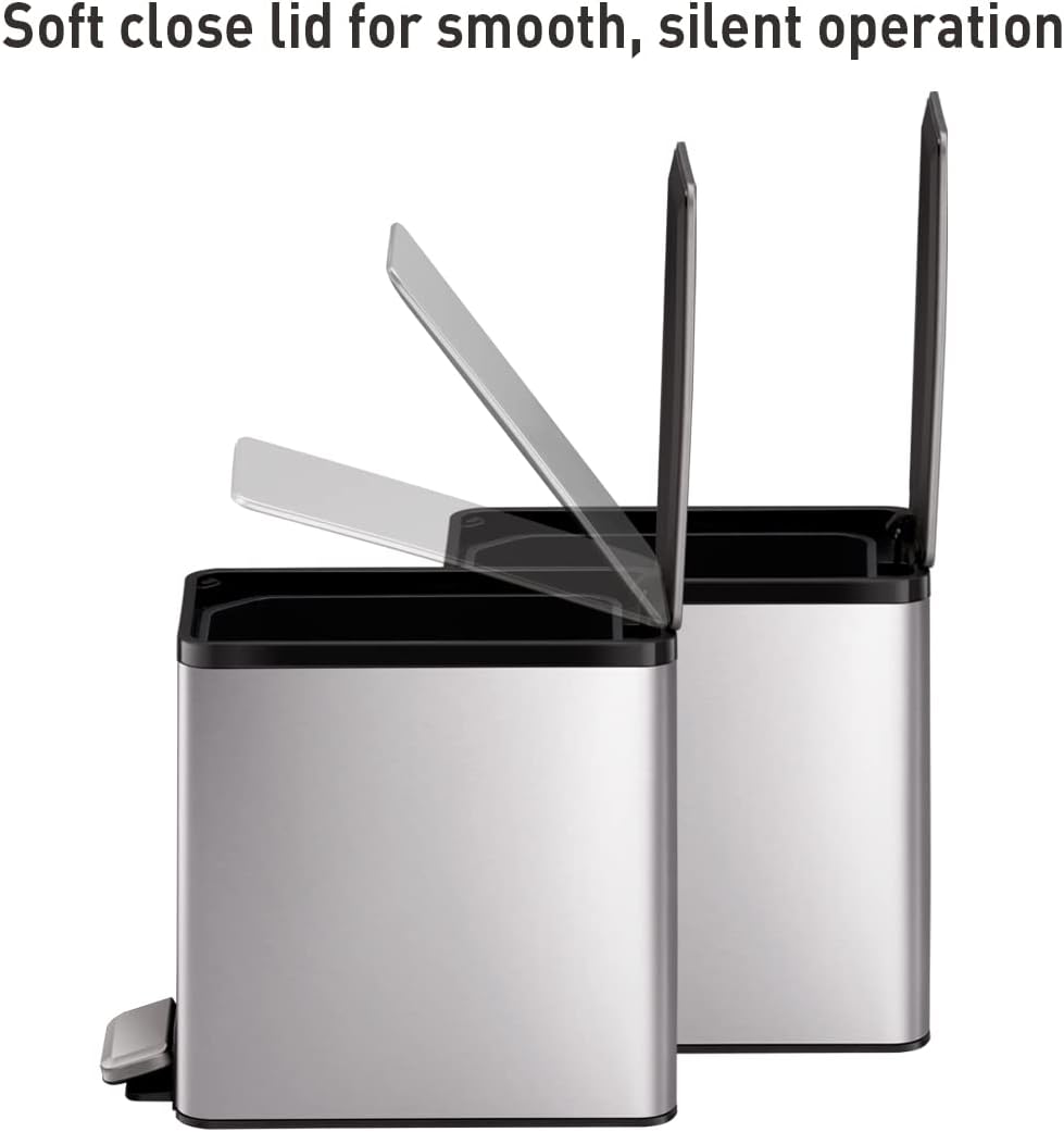 EKO Slim Small Bathroom Trash Can with Lid, Stainless Steel Kitchen Garbage Can with Removable Inner Bucket, 6L / 1.6 Gal 2 Pack Step On Trash Can Combo