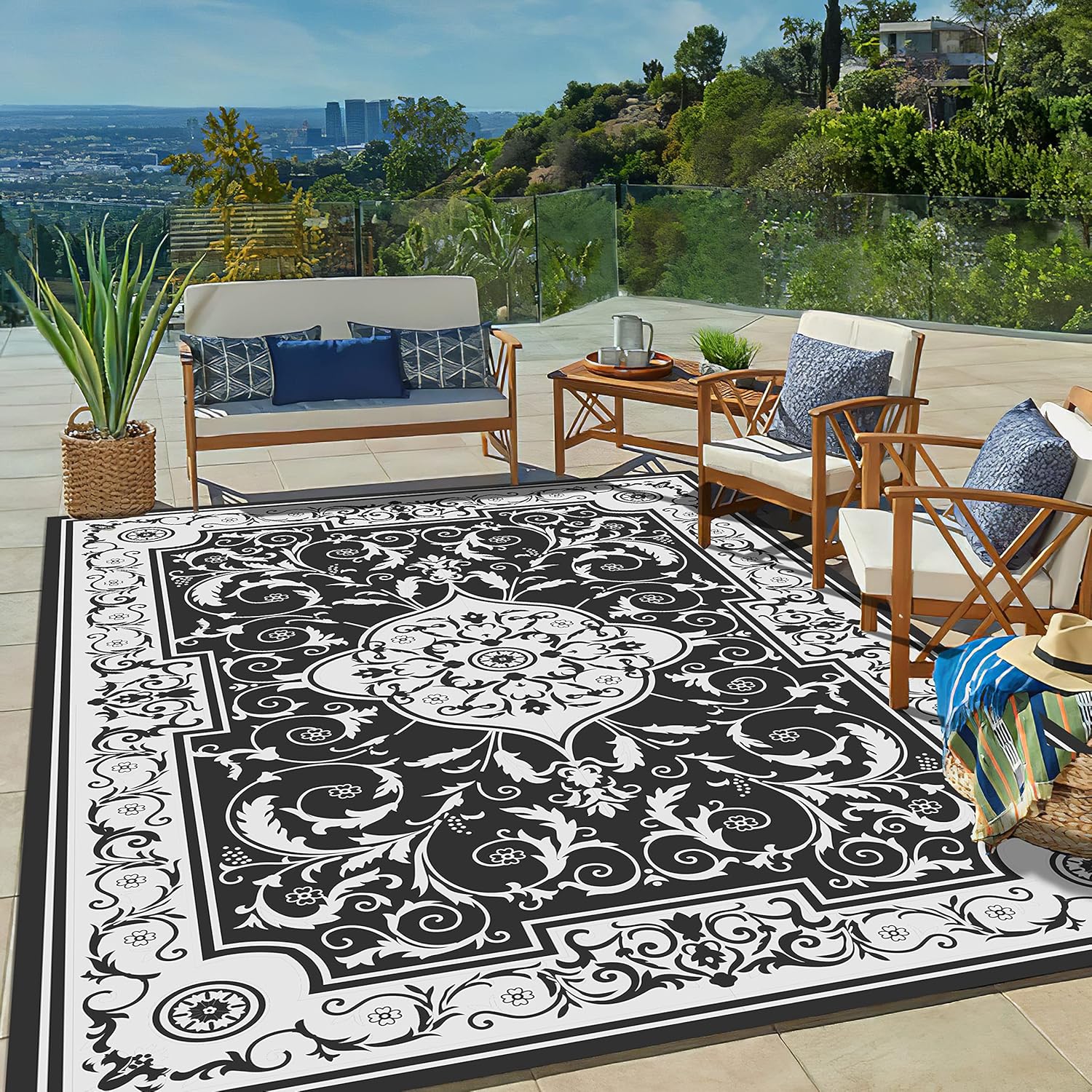 nalone Reversible Mats, Outdoor Rugs 6x9 for Patio, Outdoor Plastic Straw Rug, New York Patio Country Retro Transitional Geometric Outdoor Area Rug for RV, Camping, Deck, Picnic (6'X9', Black&White)