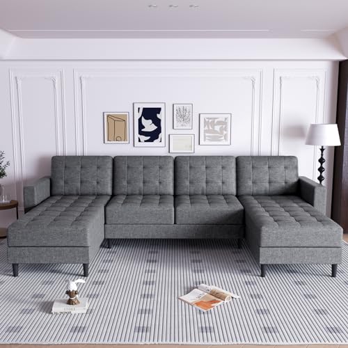 Convertible Sectional Sofa Couch, U Shaped Sectional Couch Sofa with Reversible Chaise, Linen L Shaped Sleeper Sofa for Living Room, Dark Grey
