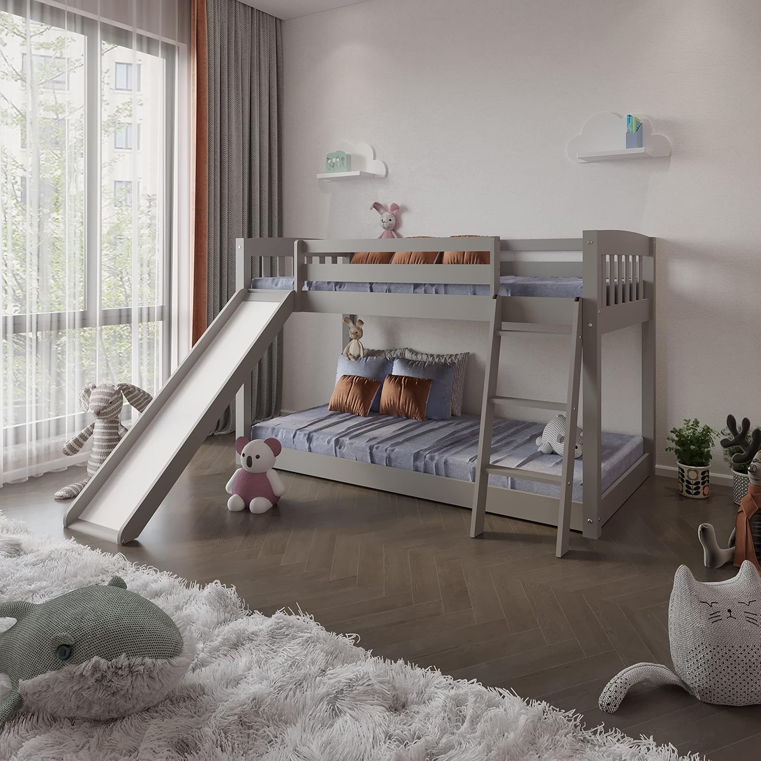 Kids Bunk Bed Twin Over Twin with Slide and Stairs, Heavy Duty Solid Wood Twin Bunk Beds, Toddler Bed Frame with Safety Guardrails, Grey