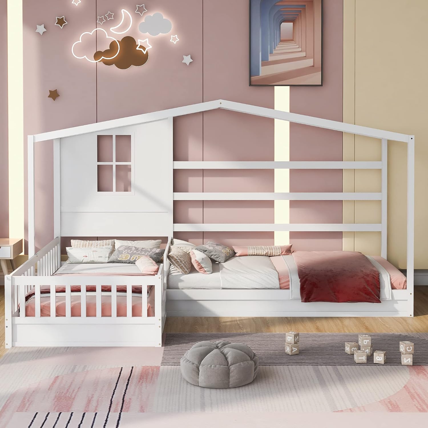 Double Twin House Bed,Twin Size House Platform Beds,Two Shared Beds, Floor Bed Frame with Rails for Kids, Girls,Boys,2 Twin Solid Bed L Structure with Fence and Slatted Frame