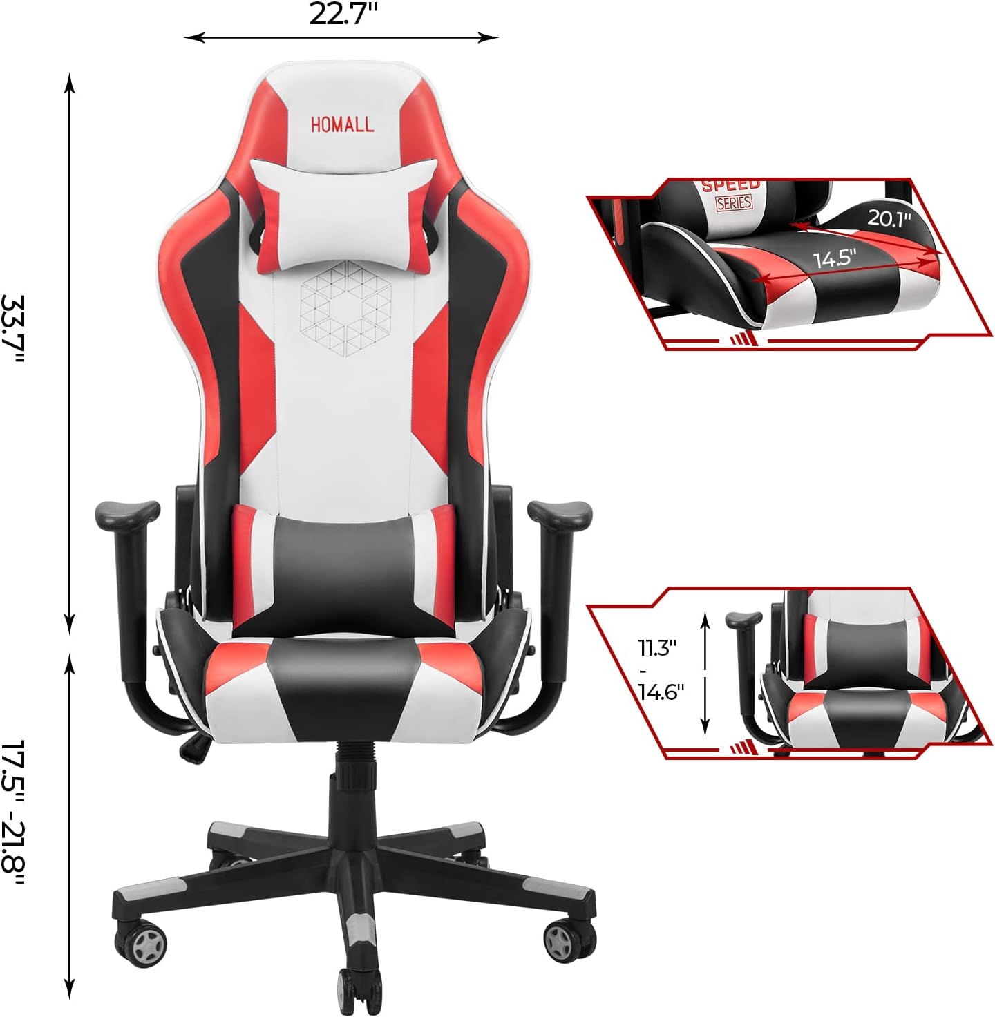 Homall Gaming Chair Racing Style Office Chair Ergonomic High-Back PU Leather Computer Gaming Chair with Headrest and Lumbar Support (Red/White)
