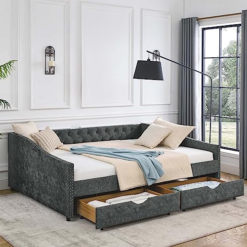Daybed with Drawers, Modern Linen Upholstered Full Size Day Bed Button-Tufted Sofa Daybed Frame with Double Drawers, No Box Spring Needed, Furniture for Bedroom Living Room Guest Room (Beige, Full)