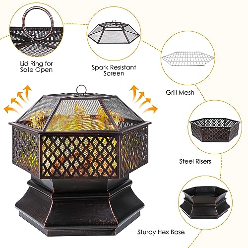 Outdoor Steel Fire Pit, Hex-Shaped Firebowl with Grill Mesh, Wood Coal Burning Fireplace, Fire bowl w/Flame-Retardant Mesh Lid & Poker, Portable Patio Picnic Bonfire BBQ (28“)