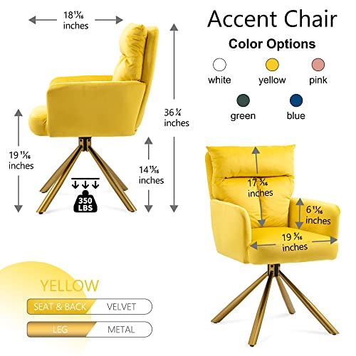 180° Swivel Accent Chair, Velvet Upholstered Office Chair with Gold Legs, Arms, Modern Desk Chair for Living Room, Office, Salon, Small Space (Yellow Velvet)