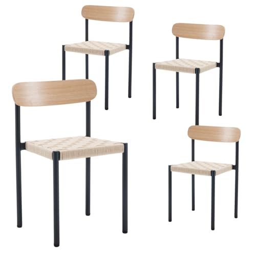 LukeAlon Woven Dining Chairs Set of 2, Mid-Century Modern Kitchen Chairs with Rope Seat and Wood Back Comfy Side Chairs with Black Metal Frame for Dining Room Kitchen Restaurant, Beige