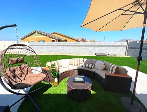 SUNCROWN Outdoor 5-Piece Half-Moon Sectional Sofa Furniture Sets - Brown Wicker Patio Curved Conversation Set with Round Coffee Table, Cushions and Waterproof Dustproof Cover, Beige