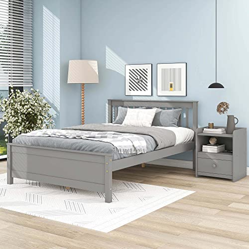 Full Size Platform Bed with A Nightstand, Upholstered Bed Frame with Headboard and Footboard for Teens, Adults, White
