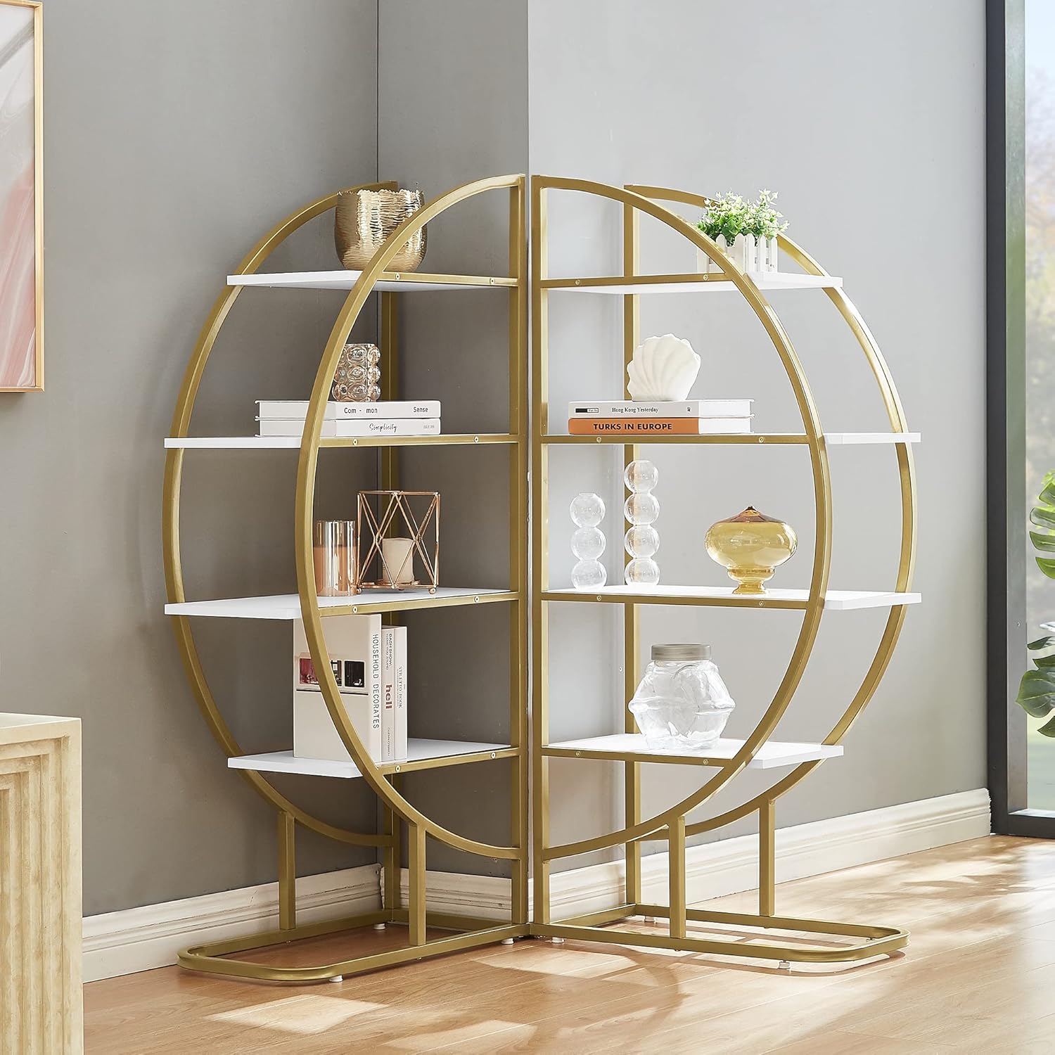 4-Tier Bookcase Home Office Open Bookshelf with Different Placement Ways,Round-Shaped Bookcases w/Anti-Falling Device,Steel Frame,Easy to Assemble,Golden+White