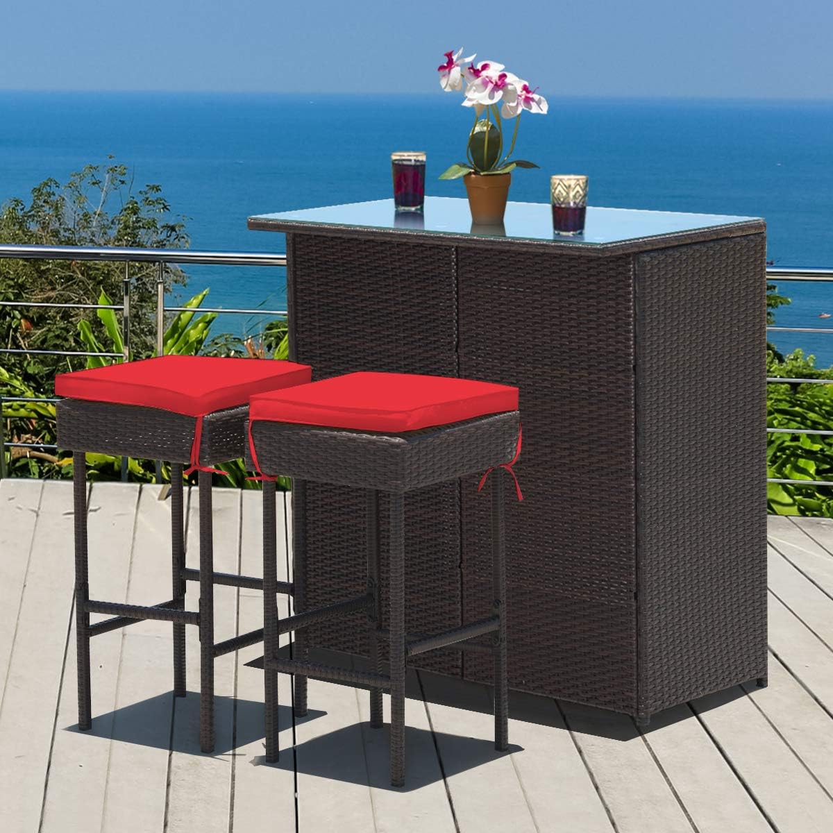 COSTWAY 3PCS Patio Rattan Wicker Bar Table Stools Dining Set Cushioned Chairs Garden Red