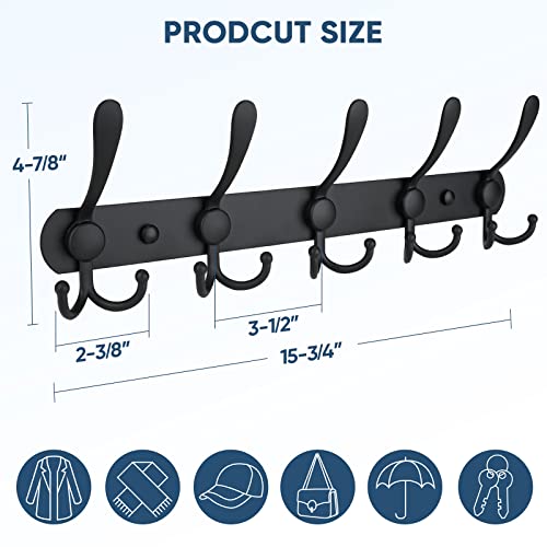 TICONN Wall Mounted Coat Rack, Five Heavy Duty Tri Hooks All Metal Construction for Jacket Coat Hat in Mudroom Entryway (Wood Black, 2-Pack)