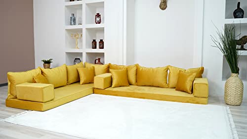 Custom Size Cushions, L Shaped Velvet Yellow Color Floor Seating, Velvet Floor Couch, Japanese Sofa, Pallet Sofa, Moroccan Decor, Loveseat (L Sofa + Ottoman + Pillows)