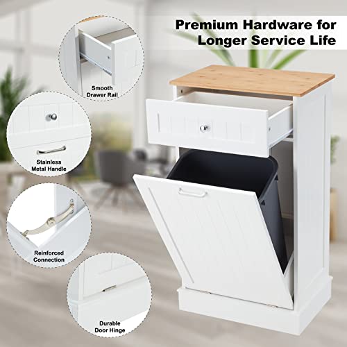 Tilt Out Trash Cabinet, Kitchen Freestanding Wood Recycling Trash Cabinet with Drawer & Cutting Board, Recycling Cabinet with Hideaway Drawer, 10 Gallon Tilt Out Trash Cabinet Kitchen(White)