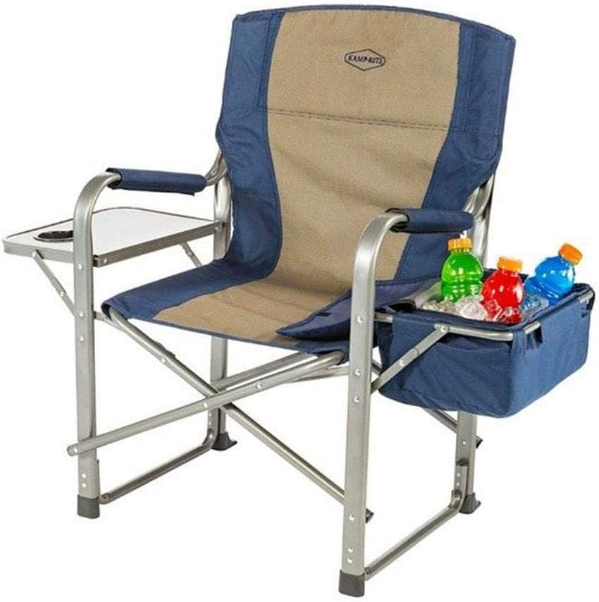 Kamp-Rite Director Portable Lounge Chair Outdoor Furniture Folding Sports Chair with Side Table, Cup Holder, and 12 Can Ice Cooler, Navy (2 Pack)