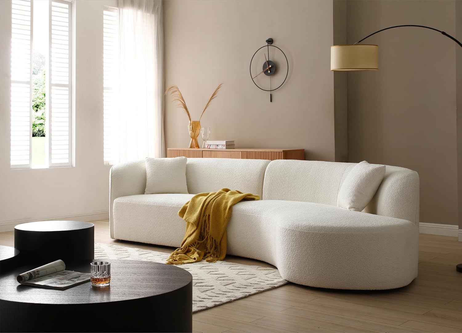 Luxury Modern Style Living Room Upholstery Curved Sofa with Chaise 2-Piece Set, Right Hand Facing Sectional, Boucle Couch, White