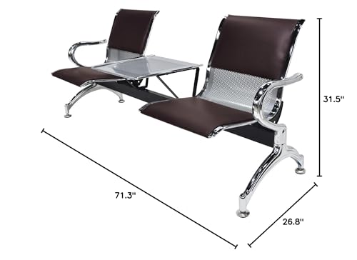 wonline 2 Seat Heavy Duty Guest Airport Reception Waiting Room Chair Lobby Garden Salon Barber Benches Bank Hall Hospital Waiting Bench Furniture Brown PVC Leather Cushion w/Table