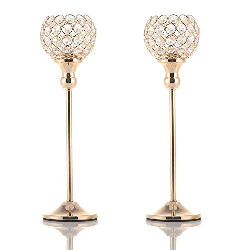 VINCIGANT Gold Crystal Candle Holders Set of 2,Pillar Candlesticks for Table Centerpieces, Christmas Home Decor Wedding Party Housewarming Gift