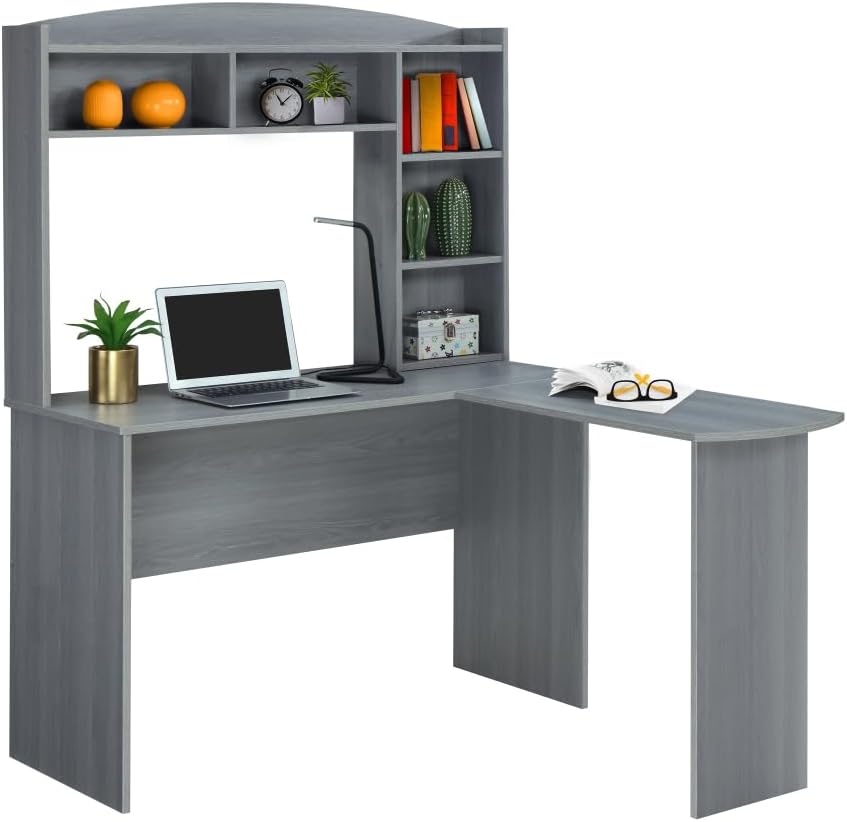 Modern L-Shaped Desk with Hutch, Grey 110Lbs-Weight Limit Gray Solid Wood -8410-GRY