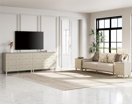WAMPAT 2-in-1 TV Stand with 12 Drawers for 100+ Inches TVs & Set of 2 End Tables with 2 Drawers and Charging Station for Bedroom, 4 Pieces Modern Wood Living Room Funiture Table Sets, Beige