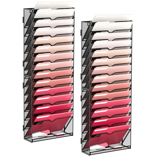 SUPEASY 2 Pack 15-Tier Hanging Wall Mount File Organizer Paper Magazine Wall File Holder for Office Assembly Needed, Black