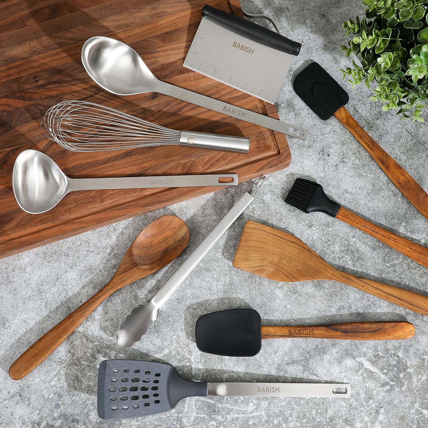 Babish 11 Piece Essential Teak Wood, Silicone, and Stainless Steel Tool Set
