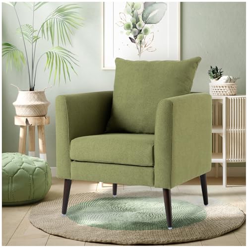 Boucle Accent Chair Barrel Armchair, Modern Reading Chairs for Adults, Upholstered Round Arm Chairs for Living Room w/Large Pillow, Solid Wood Legs, Olive Green
