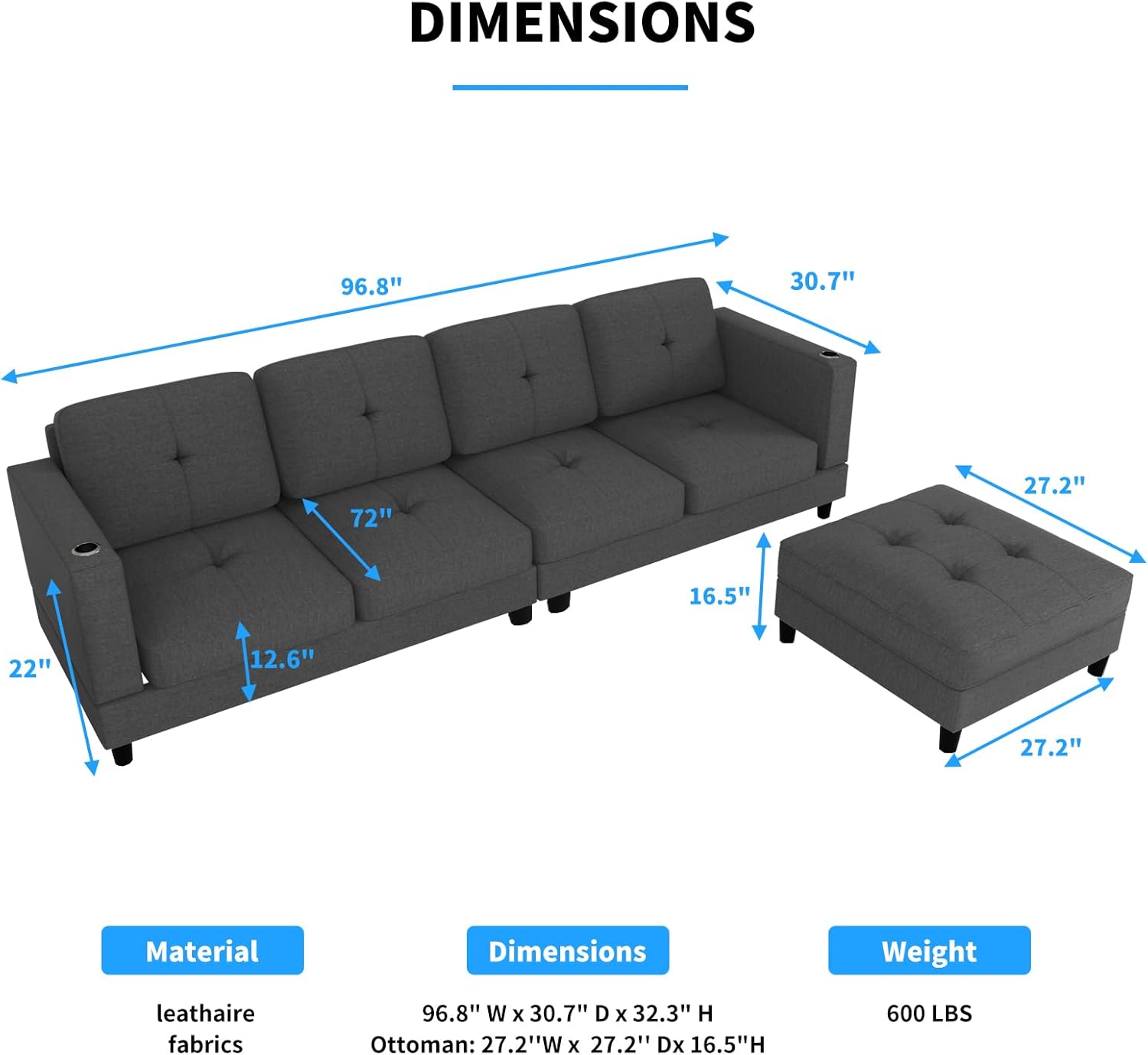 Convertible L Shaped Sofa with Ottoman, Linen Reversible Sectional Sofa with 2 Cup Holders, Modern L-Shape Couch 4 Seat Sectional Couches for Living Room Apartment - Dark Grey