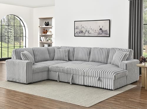 roomfitters 122 Inch Pull Out Couch, Rabbit Plush Fabric Sofa Bed with USB Ports & Comfy Upholstered, Oversized U Shape Sectional Sleeper Sofa Bed with Storage Chaise, Khaki