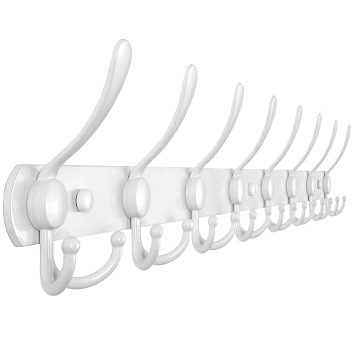 Dseap Coat Rack Wall Mount - 29.5” Long 8-Tri-Hooks Heavy Duty Coat Hanger Rail Wall Hooks for Hanging Coats Hats Clothing Clothes Purse Mudroom Entryway, White