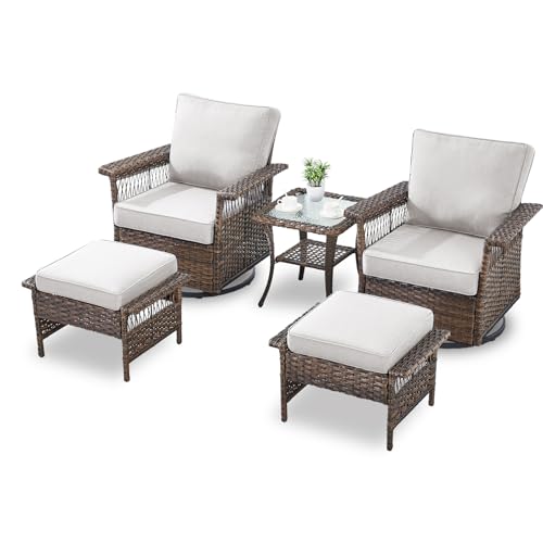 Outdoor Patio Rocking Swivel Chairs - 3PC Wicker Patio Bistro Rocker Chair Set,Rattan Glider Chair with Sturdy Frame,All-Weather PE Wicker and Cushions,1 Side Table for Deck Porch Balcony(Brown/Grey)