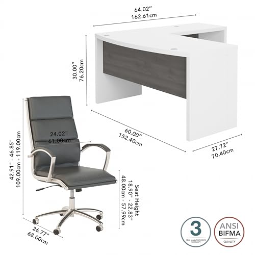 Bush Business Furniture Echo L Shaped Bow Front Desk with High Back Chair, Pure White and Modern Gray